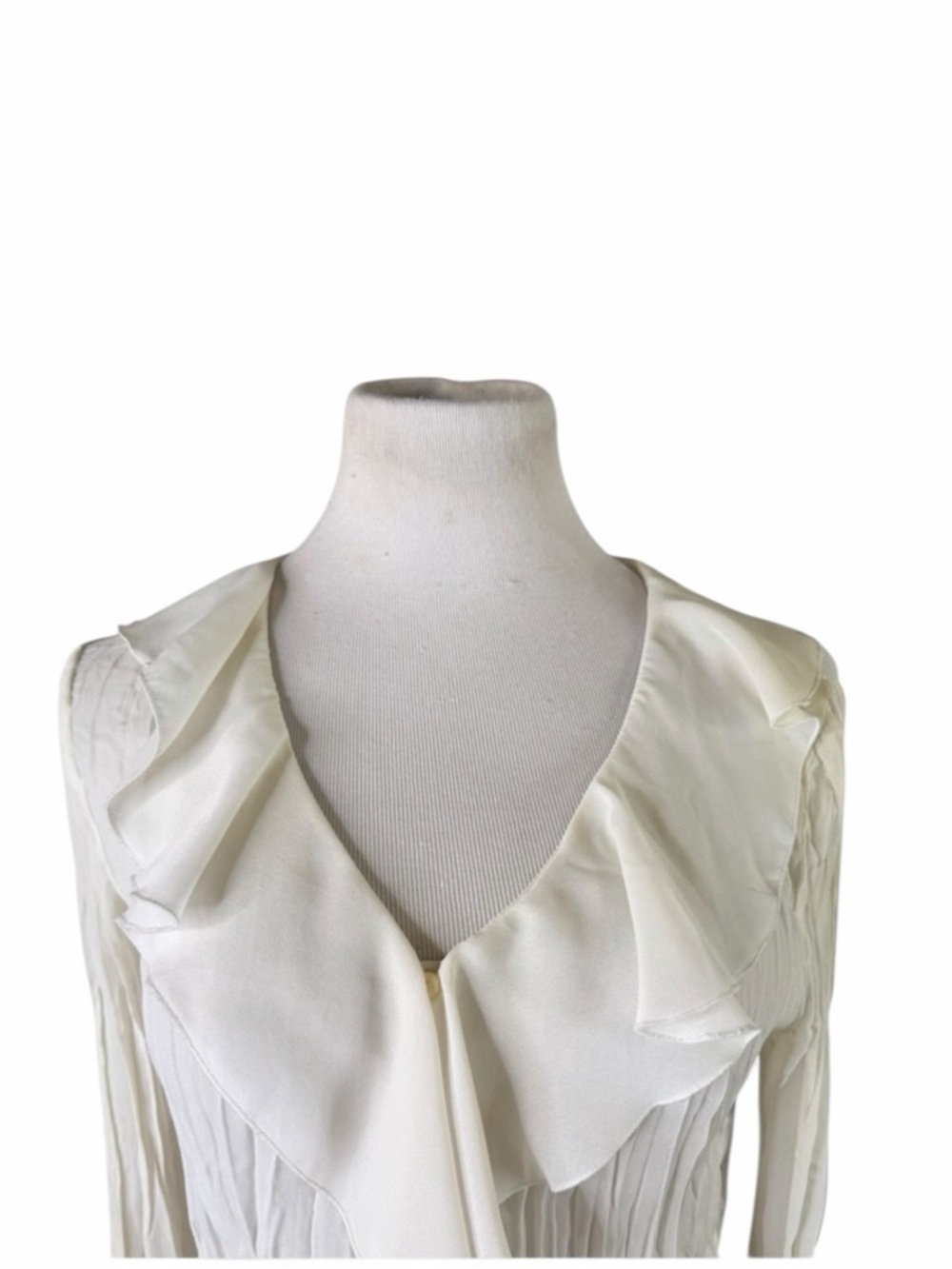 Sunny Taylor Cream Waterfall Ruffle Crinkle Long Sleeve Button Front Blouse - M - Picture 3 of 15